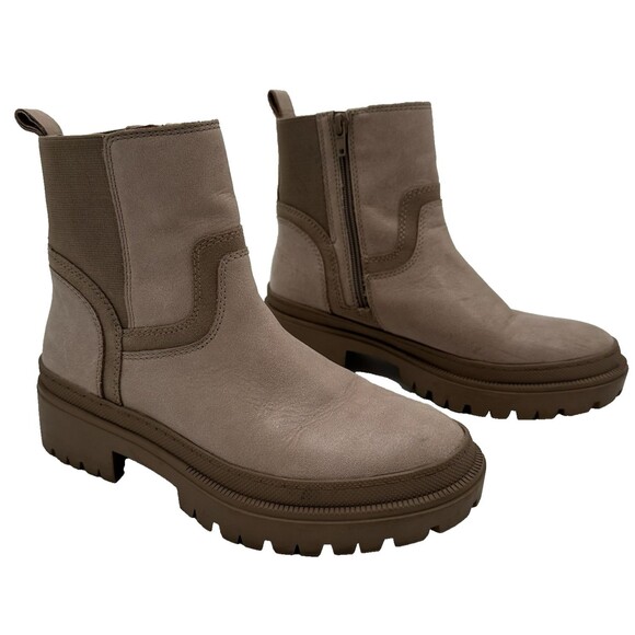Lucky Brand Eabile Booties Womens 7.5 Taupe Leather Chunky Lug Sole Ankle Zip - Picture 1 of 11